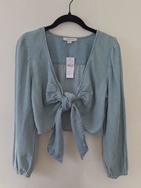American Eagle Outfitters Light Blue Tie-Front Crop Top Small